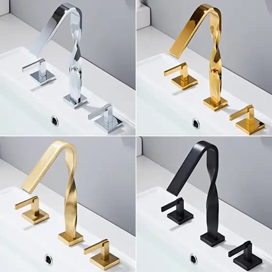 Luz de luxo todo cobre criativo três furos torneira da bacia de água quente e fria lavatório alça dupla divisão ouro con