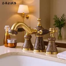 Torneira antiga de cobre com alça dupla, lavatório de três furos, estilo europeu, Jade dourado, lavatório quente e frio