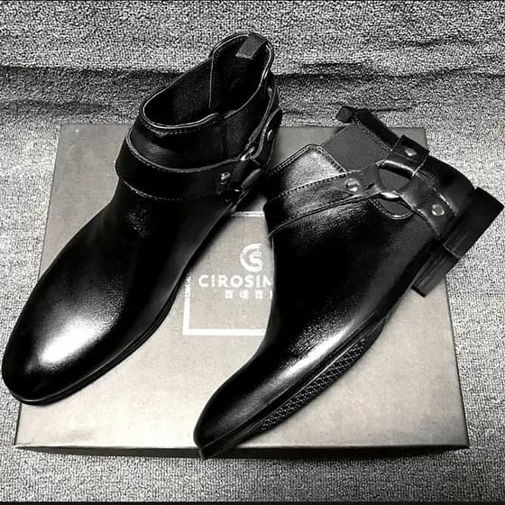 CHELSEA Botas Curtas Masculinas Botas Martin CHELSEA BOTA Couro Preto Dedo Apontado Fivela Moderna Sapatos Masculinos de
