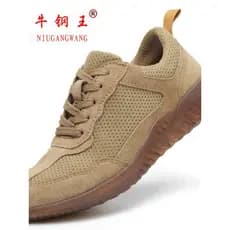 Sapatos de proteção do trabalho respiráveis de malha de pele de porco biqueira de aço Anti-esmagamento tendão de carne s