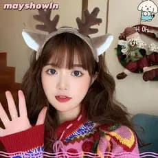MAYSHOWLN Tiara De Natal , Argola De Cabelo De Orelha De Veado Fofa De Pelúcia , Faixa Pele Sintética Lolita Antler Horn