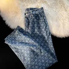 Europeu americano hiphop Jacquard impressão completa Jeans masculino feminino Retro angustiado frito rua reta ligeiramen