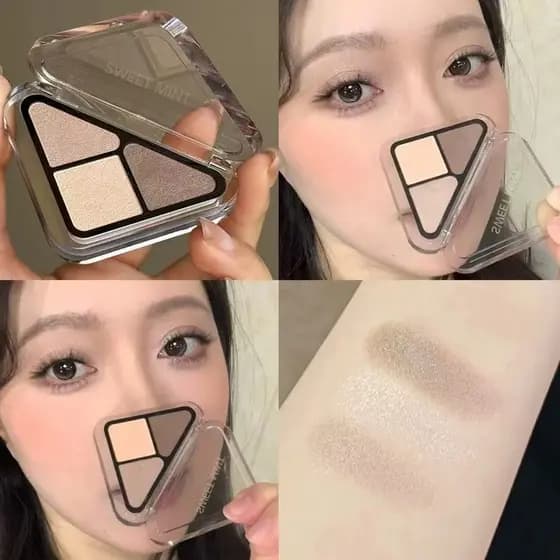 Um Deus da Vedação!Sweetmint Paleta de sombras triangulares pequenas, maquiagem leve diária, cor terra, pêssego, perolad