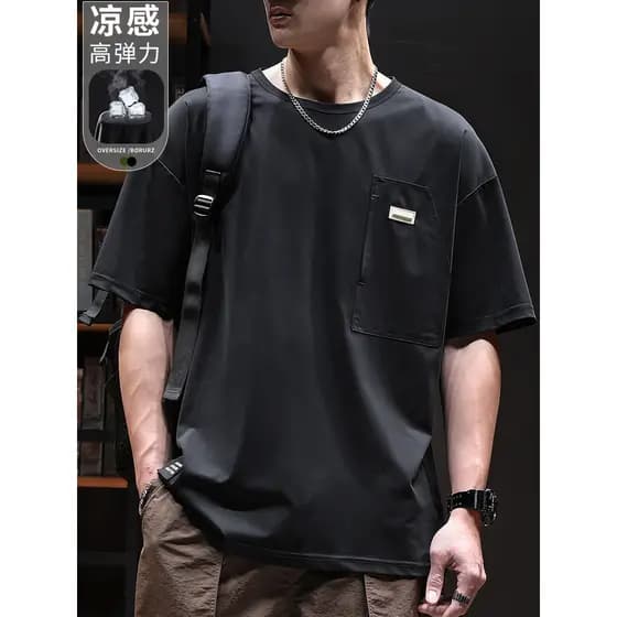 Camiseta masculina de manga curta de seda gelo 2026 verão fino estiramento esportes topo Casual tamanho grande solto de