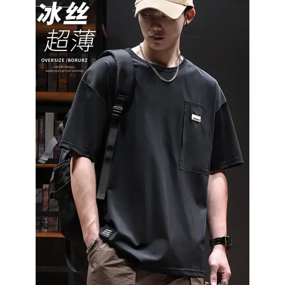 Camiseta fina de seda gelo masculina 2025 verão solto tamanho grande gordura manga curta respirável All-Match secagem rá