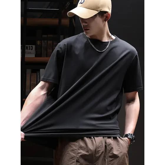 Legal sentimento gelo seda algodão de manga curta camiseta masculina verão estiramento fino esportes Fitness treinamento
