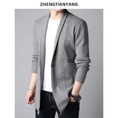 Cardigan masculino malhas jaqueta outono inverno comprimento médio na moda lapela elegante magro-ajuste coreano masculin