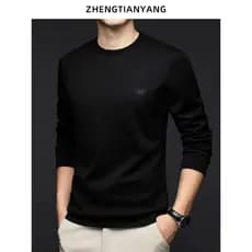 Leve luxo máquina lavável lã pura manga comprida camiseta dupla face camisola de malha masculina camurça costura outono