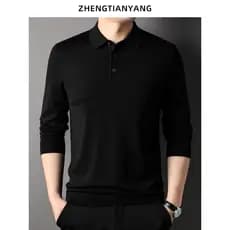 Fino tecido puro moletom masculino lapela de manga comprida lã t negócios camisa polo masculina primavera outono interio