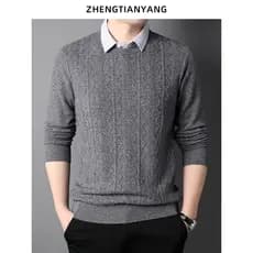 Camisola de lã pura masculina em camadas camisa gola falso conjunto de duas peças outono inverno Jacquard camisola mascu