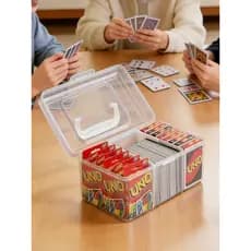 Uno caixa de armazenamento de jogo de cartas, cartas de jogo de tabuleiro, compartimento de plástico transparente, caixa
