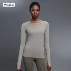 Exportar tecido senhoras mais magro olhar Yoga manga comprida em torno do pescoço esportes camiseta correndo Fitness top