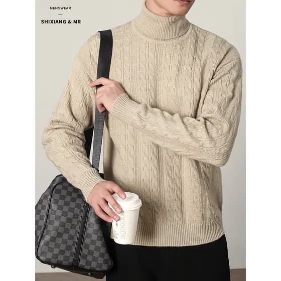 Suéter de gola alta listrado torcido suéter de malha interna masculino quente solto fundo High-End S