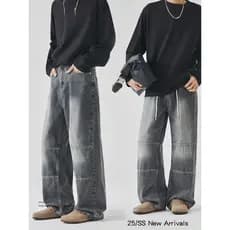 Street Wear americano High street Retro lavado Jeans masculino na moda macacão rufião bonito solto em linha reta rendas