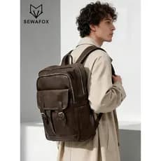 Mochila de couro retrô masculina, bolsa para computador de negócios, grande capacidade, bolsa escolar para estudantes, l