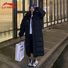 Li Ning jaqueta feminina estilo longo 2024 inverno novo estilo com capuz arte estudante roupas esportivas teste de arte