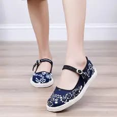 Velho pequim Melaleuca sola sapatos de pano feminino fivela plana cinta moda azul branco confortável sola de pano Casual