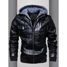 Haining Jaqueta masculina de couro com forro de lã Jaqueta de couro espessada com capuz Camisa de ciclismo Camisa de mot