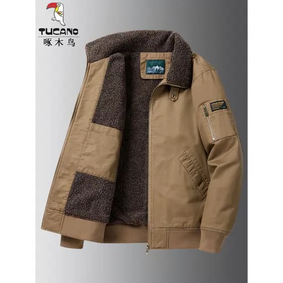 Woodpecker jaqueta de lã de cordeiro masculina outono inverno novo estilo à prova de frio quente Multi-bolso puro algodã