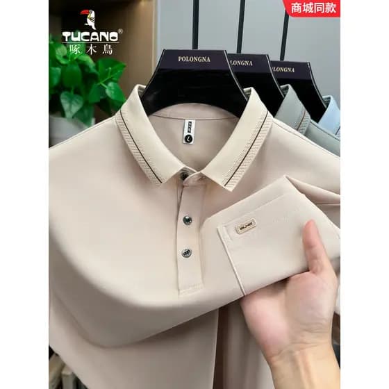 Woodpecker verão fino camisa polo de manga curta bolso simples carimbo quente camiseta masculina de meia-idade Casual la