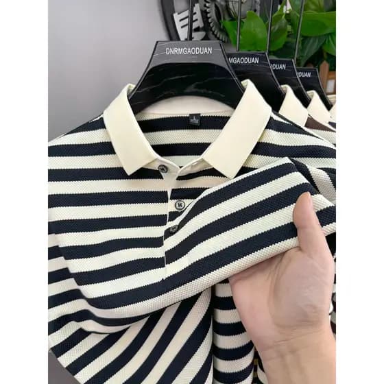 2025 verão novo estilo camisa POLO masculina contraste cor listrado solto de manga curta camiseta negócios Casual médio-