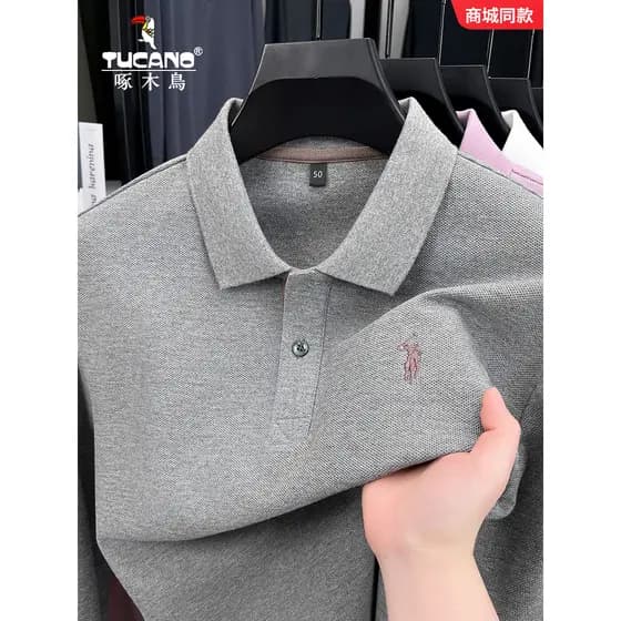 Woodpecker camisa Polo masculina outono inverno novo estilo puro algodão lapela manga comprida camiseta de meia-idade Ca