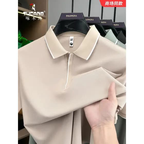 Woodpecker meio zíper camiseta de manga curta masculina verão novo estilo cor sólida lapela camisa polo masculina Casual