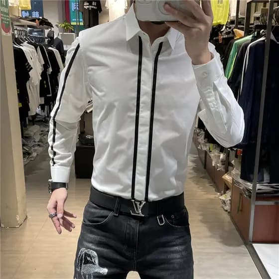 2023 primavera outono novo estilo camisa branca na moda personalidade contraste cor costura listrado borda não-ferro fin