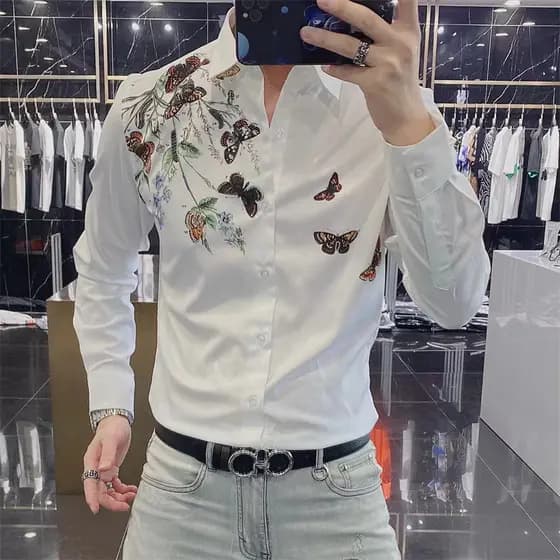 2023 primavera outono nova borboleta quente diamante impressão Casual negócios camisa de manga comprida Street Wear magr