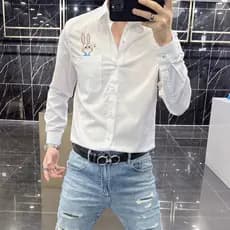 Camisa branca de manga comprida masculina 2025 outono novo estilo high-end moda coelho bordado Micro-elástico camisa de