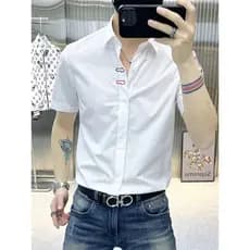 Bens europeus High-End negócios Casual camisa de manga curta masculina 2025 verão bordado braço Webbing magro-ajuste cam