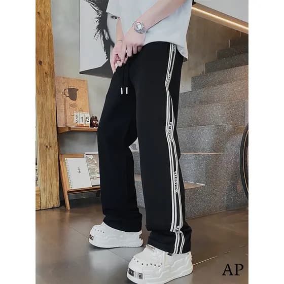 Europeu americano Street Wear estilo Casual lado listrado calças retas dos homens 2026 primavera verão novo estilo preto