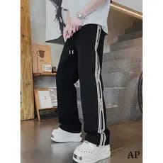 Europeu americano Street Wear estilo Casual lado listrado calças retas dos homens 2026 primavera verão novo estilo preto