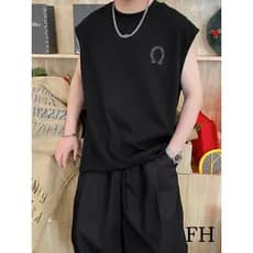 Legal preto estilo minimalista solto sem mangas colete masculino 2026 verão na moda em torno do pescoço Design camiseta