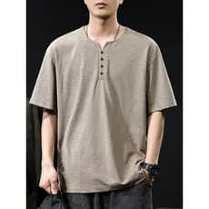 Verão Slub algodão legal camiseta de manga curta masculina 2026 novo estilo Ami cáqui camiseta solta Henry colarinho cam