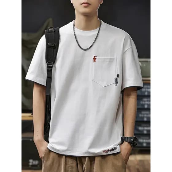Design bordado pesado algodão de manga curta camiseta masculina 2026 verão novo estilo Street Wear solto masculino branc