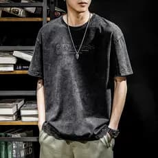 Verão pesado algodão de manga curta camiseta masculina americano Retro Street Wear ins solto tamanho grande meia manga c