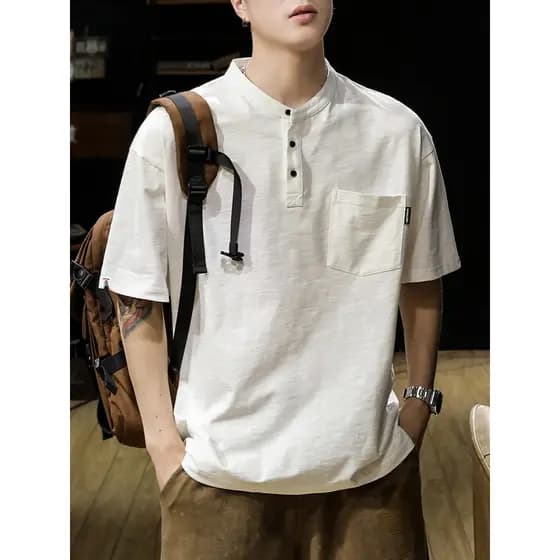 Americano clássico Retro camisa POLO de manga curta masculina verão Slub algodão solto Henry colarinho Ami cáqui carga c