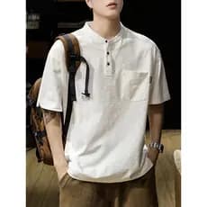 Americano clássico Retro camisa POLO de manga curta masculina verão Slub algodão solto Henry colarinho Ami cáqui carga c