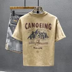 Camiseta masculina de manga curta de malha pesada de alta qualidade solta Casual Street Wear impresso topo primavera mei