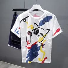 Verão Street Wear estilo Hong Kong gato dos desenhos animados camiseta de manga curta masculino japonês Retro único Graf