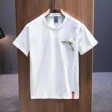 Verão novo estilo chinês na moda estilo chinês guindaste bordado de manga curta camiseta masculina Casual All-Match em t