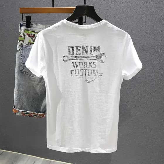 Verão fino branco impresso camiseta de manga curta masculina Street Wear All-Match solto puro algodão em torno do pescoç