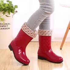 Novas senhoras botas de chuva botas de chuva ácido-alcali-prova diamante verificado tubo médio algodão lã quente