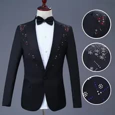 Novo High-End preto masculino quente diamante desempenho terno coro terno palco vestido cantor anfitrião Photo Studio