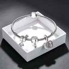 Pulseira de contas de prata S925 com tema de coração de amor de casal