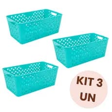 Kit 3 Cestos Organizadores Cor Tiffany Plástico Retangular Multiuso Banheiro Cozinha Lavanderia