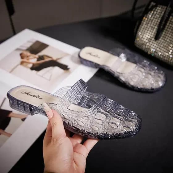 Oco cristal geléia Baotou sandálias chinelos feminino verão moda exterior usar salto grosso transparente mãe preguiçoso 
