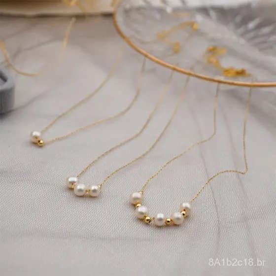 Colar fino de pérolas de água doce com design francês, corrente de aço titânio para clavícula, estilo básico para usar e