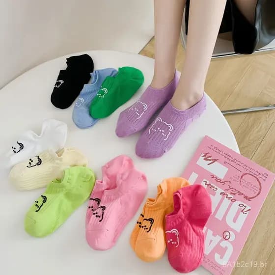 Meias Finas e Respiráveis de Verão para Mulheres com Estampa de Urso de Desenho Animado, Meias de Tornozelo em Cores Sól